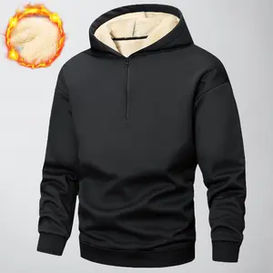 Men's hoodie with half zipper, fleece-lined, thick, warm, skin-friendly, comfortable, casual style men's sweatshirt, long sleeve; men's casual hoodie - solid color, long-sleeve pullover, polyester blend, machine washable - perfect choice for autumn/winter