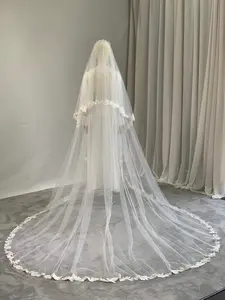 Women's Sequin-Embellished Floral Lace Cathedral Veil, Lace Drop Veil with Trailing Design for Weddings, Trailing Veil