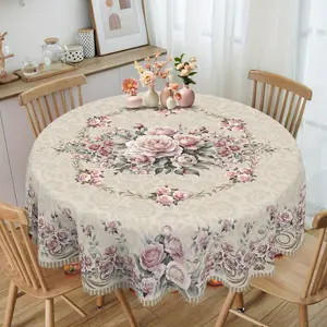 EastJia Made in USA 1Pc Spring Floral Tablecloth, Vintage Rose Plaid Pattern, Pink, Reusable Washable Polyester, Round & Rectangle, Ideal for Spring Summer, Valentine's Day, Farmhouse, Holiday Party & Indoor Outdoor Home Decor