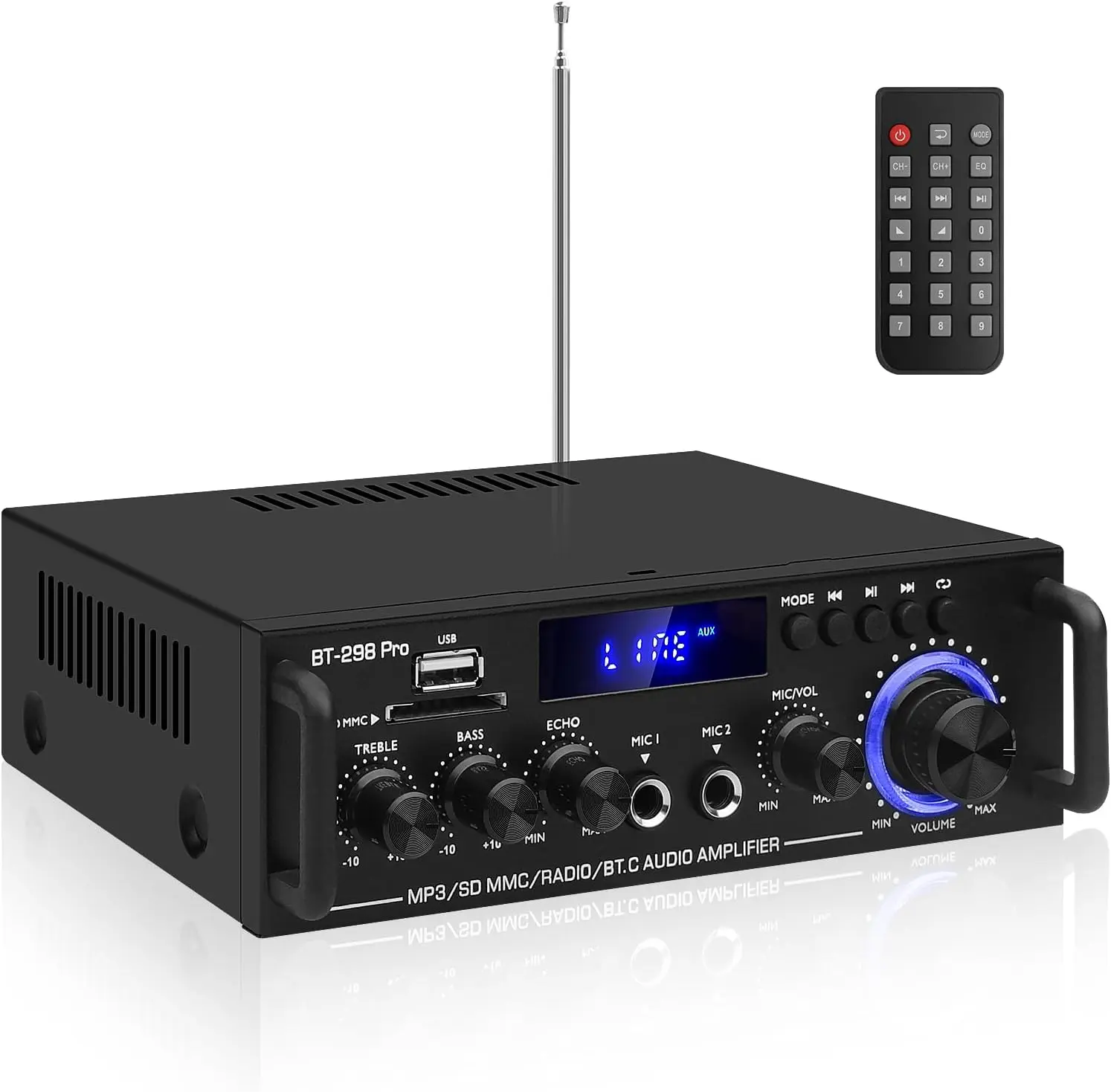HiFi Stereo Bluetooth 5.0 Amplifier Receiver (BT-298Pro) - 50W x 2, Max 600W Wireless Digital Mini Amp with Karaoke MIC, Echo, USB, FM Radio for Home Speakers
