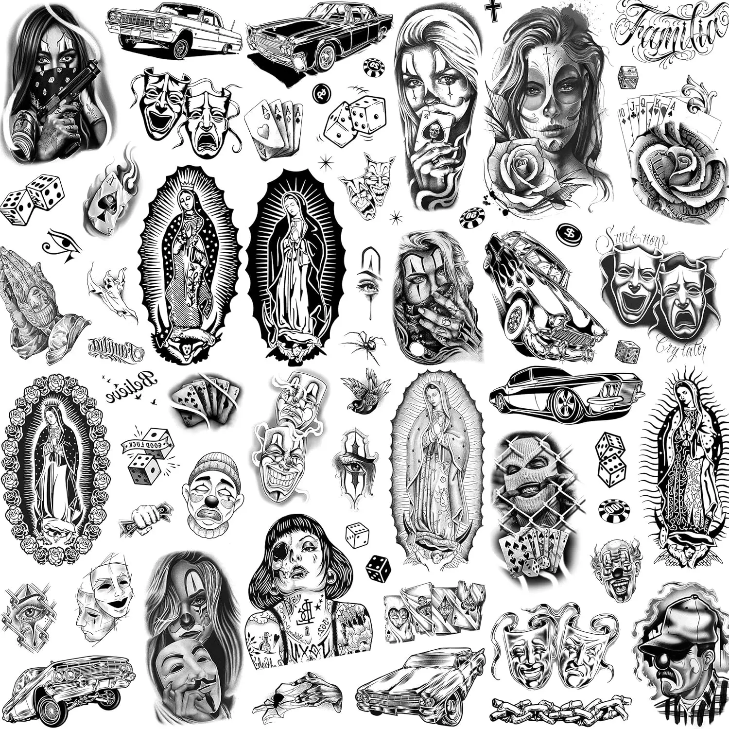6 Sheets Large Oblong Chicano Temporary Tattoos for Men Women Adult