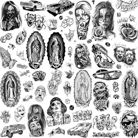 6 Sheets Large Oblong Chicano Temporary Tattoos for Men Women Adult
