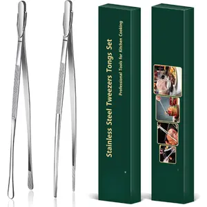 [New Deal] 2 Pcs 12-Inch Cooking Tweezers Fine Tweezer Tongs, Extra-Long Stainless Steel Kitchen Tweezers, for Grilling, Serving, and Food Preparation,Silver