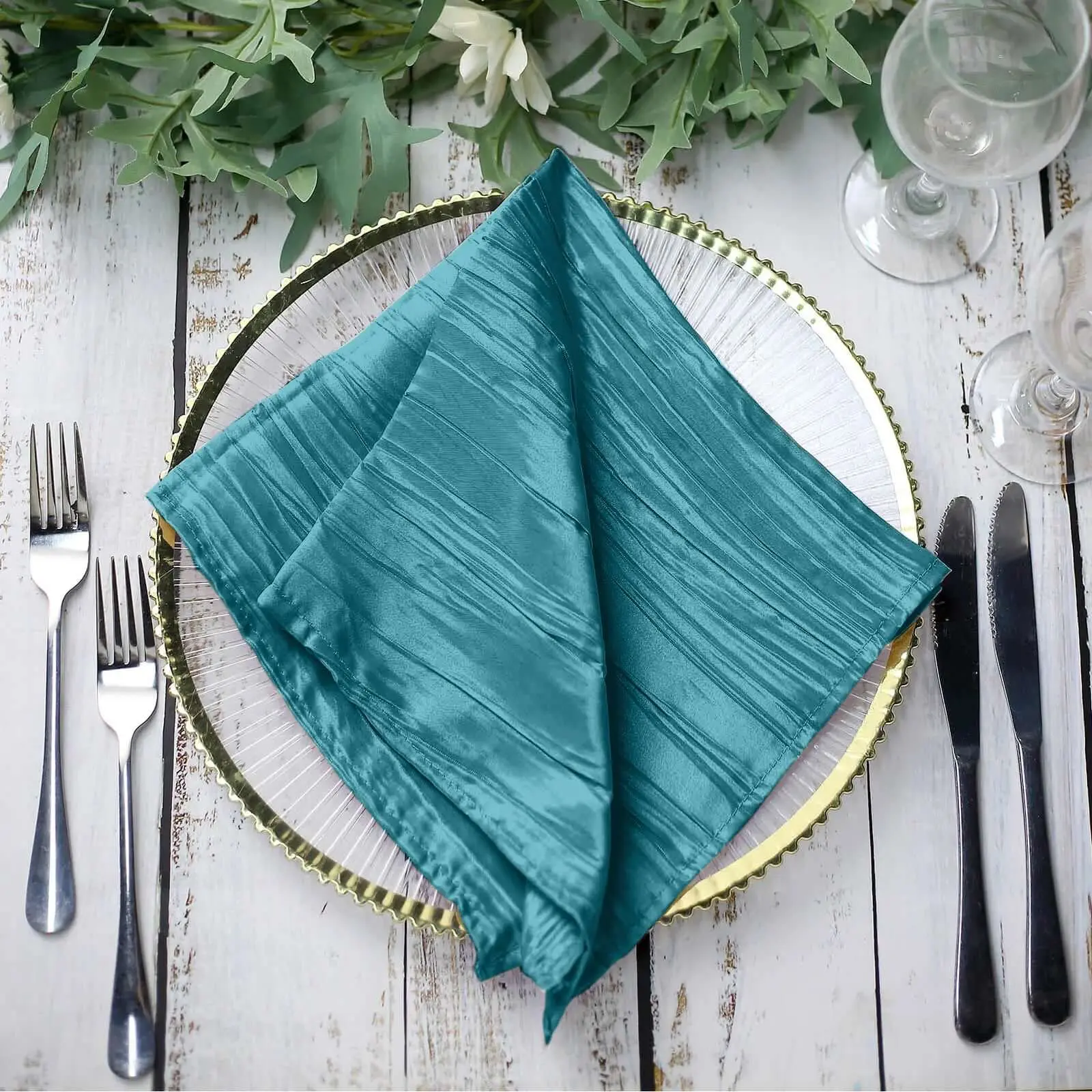 Solid Square Taffeta Dinner Napkins - 5-Pack, 20"x20", Peacock Teal, Accordion Fold, Hand Wash Hang Dry for Birthday, Wedding Events, Dinnerware