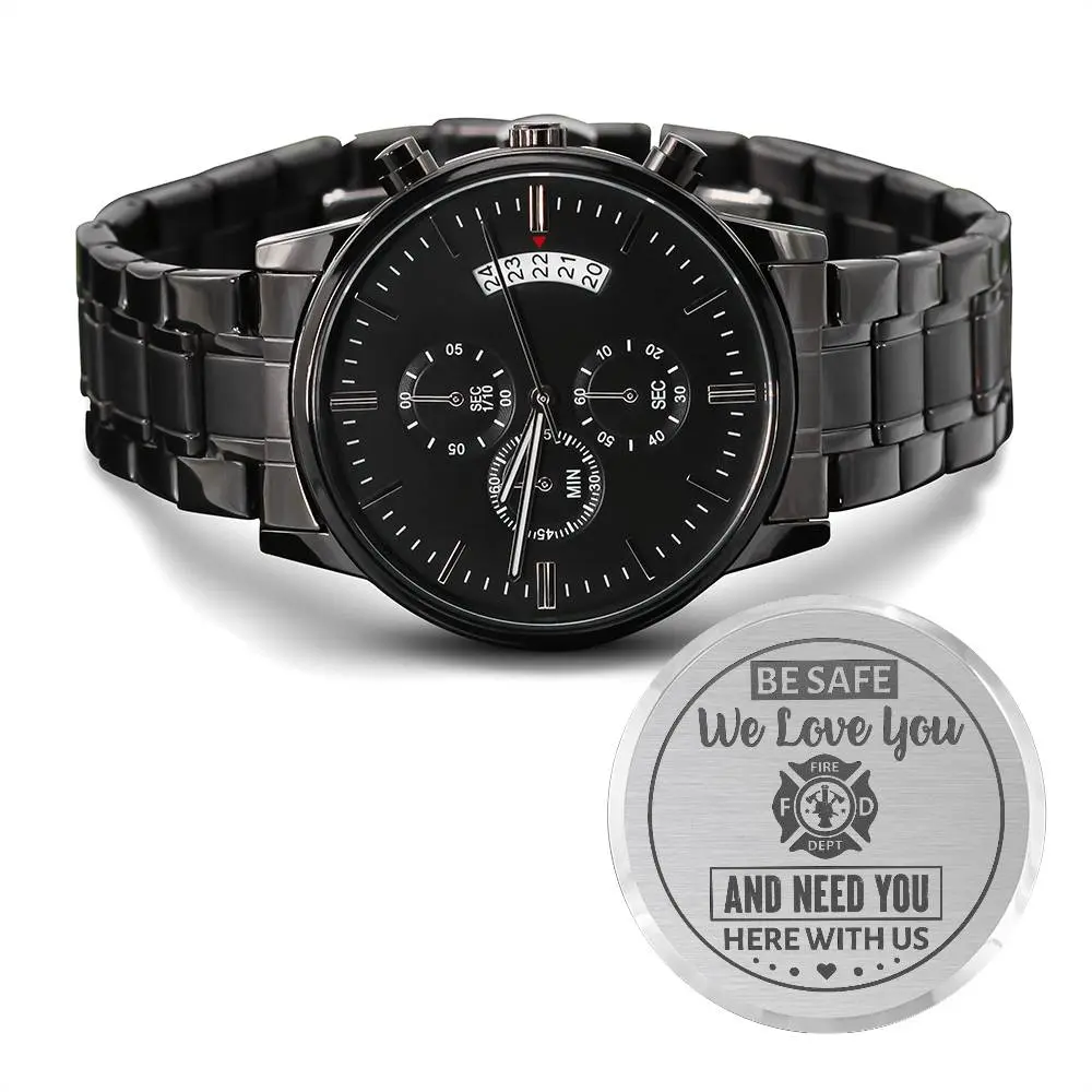 Engraved Men's Watch for Firefighter Husband, Black Stainless Steel Chronograph with Quartz Movement, Water-Resistant Anniversary Gift, Men's Watches, Watches