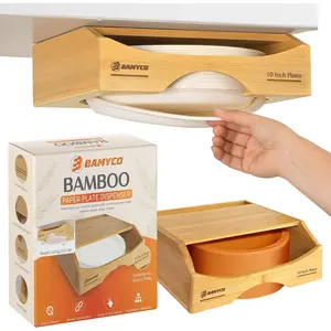 Bamboo Paper Plate Dispenser Under Cabinet for 10 Inch Paper Plates - Plate Organizer for Cabinet – Storage Paper Plate Holders Reusable for Kitchen organizer and Plastic Dinner Plates Disposable