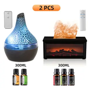 2pieces Fireplace & Wood Grain Diffuser Duo, 300ml Humidifiers, Remote, 5 Oils, 7 Lights, Quiet, Gift Set