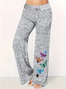 【Plus Size】 Butterfly Print Drawstring Waist Pants, Casual Lounge Pants, Casual Comfy Pocket Straight Leg Trousers for Daily Wear, Women's Bottoms for Fall & Winter