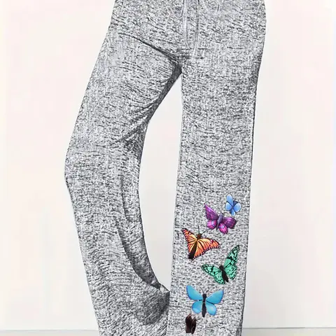 【Plus Size】 Butterfly Print Drawstring Waist Pants, Casual Fashion Pants, Casual Lounge Pants, Casual Comfy Pocket Straight Leg Trousers for Daily Wear, Women's Bottoms for Fall & Winter
