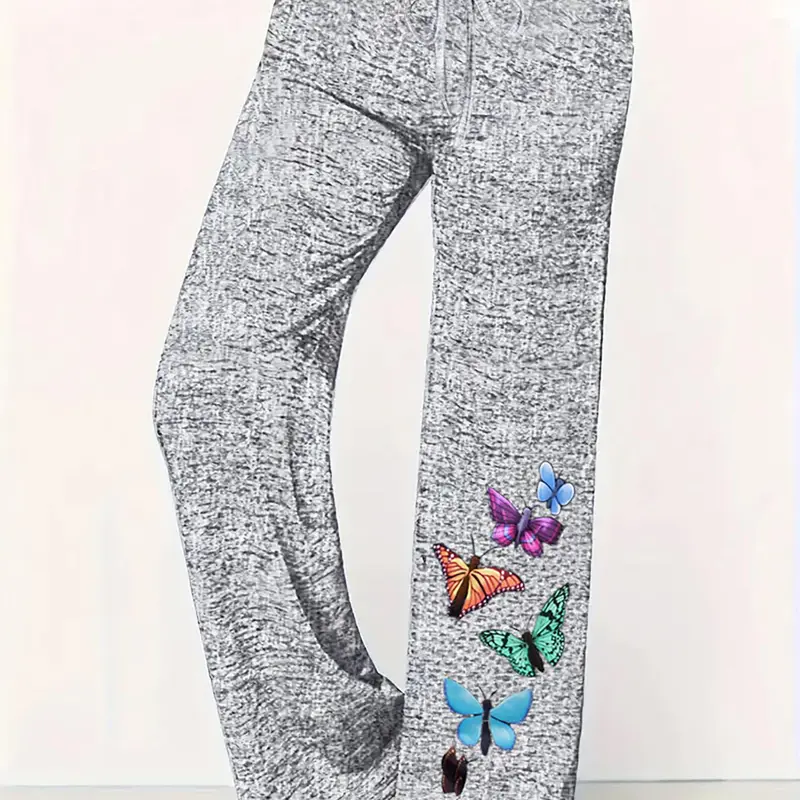 【Plus Size】 Butterfly Print Drawstring Waist Pants, Casual Fashion Pants, Casual Lounge Pants, Casual Comfy Pocket Straight Leg Trousers for Daily Wear, Women's Bottoms for Fall & Winter