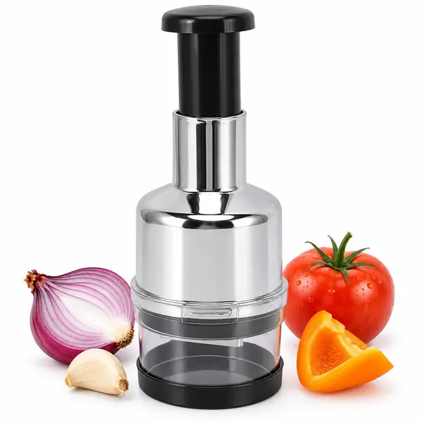 Manual Push Food Chopper with Stainless Steel Body and Clear Collection Cup, Compact Hand Press Vegetable Cutter for Onion, Garlic, Tomato and Pepper, Kitchen Food Prep Tool