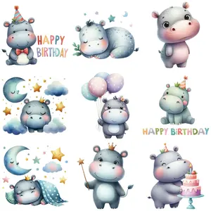 9-Piece Cute Cartoon Hippo Animal Birthday Colorful Heat Transfer Stickers, DIY Fashion Iron-On Patches for Clothes, Bags, Hats, Hoodies