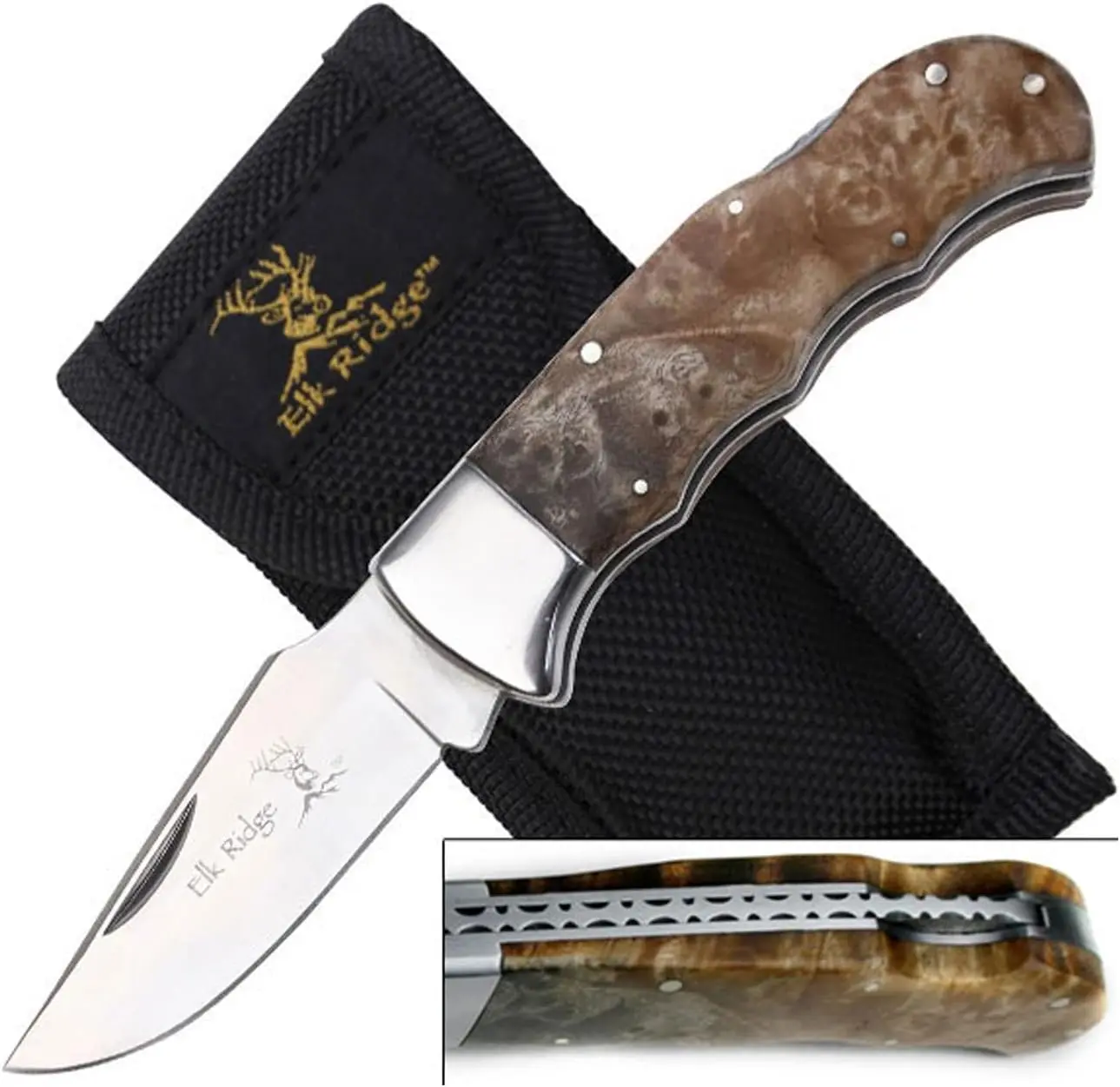 Elk Ridge Gentleman's Pocket Knife with Maple Burl Wood Handle and 2.75" Stainless Steel Blade, EDC Style Folding Knife with Custom File Work for Camping & Survival Supplies, Camping Knives