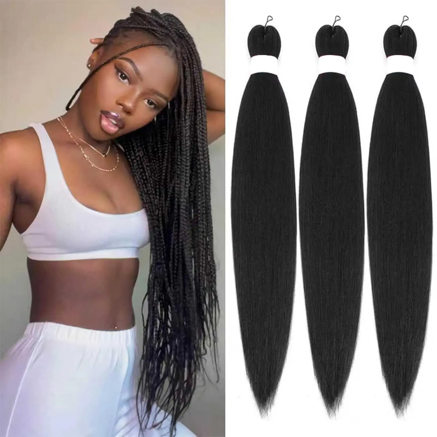 Braiding Hair Pre Stretched Crochet Hair for Black Women 26 Inch 3 Packs Braiding Hair Extensions Hot Water Setting Synthetic Hair Pre Stretched Crochet Braids Hair (1B, 26 Inch)