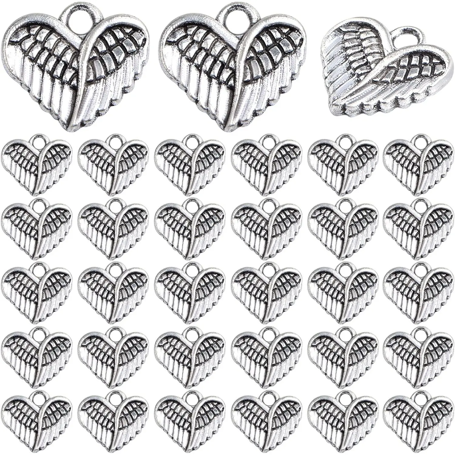 100pcs Antique Silver Angel Wings Feathers Charms Vintage Alloy Heart Shape Angel Wing Dangle Pendants for DIY Bracelet Necklace Jewelry Making Supplies Gifts