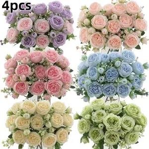 4pcs Realistic Peony Flower Arrangement, Lifelike Blooming Peonies with Leaves, Table Decor for Weddings, Mother's Day, Valentine's Day, Spring Summer