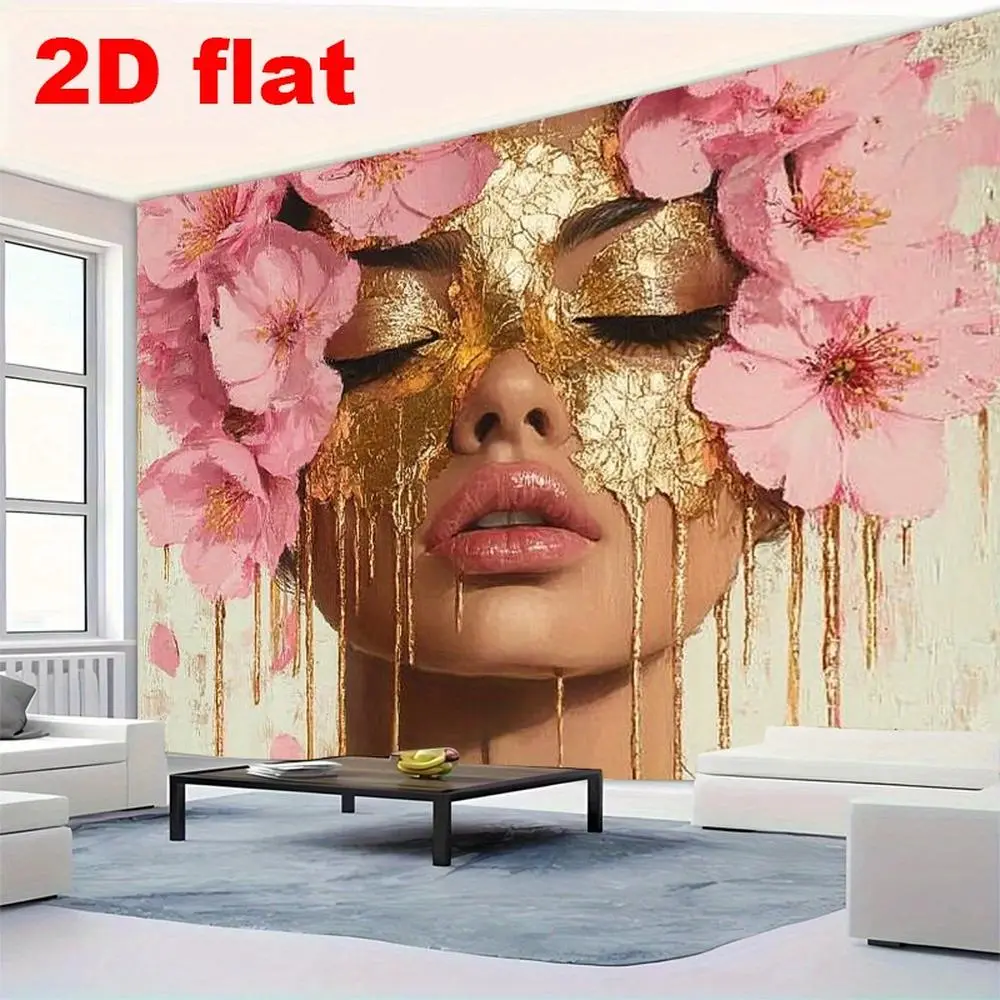 1pc Elegant Polyester Wall Decor Banner - Pink Flower Print with Golden Accents Fabric, Luxurious Living Room Backdrop, Party Decor, Intricate Female Birthday Gift Ideas,summerwins