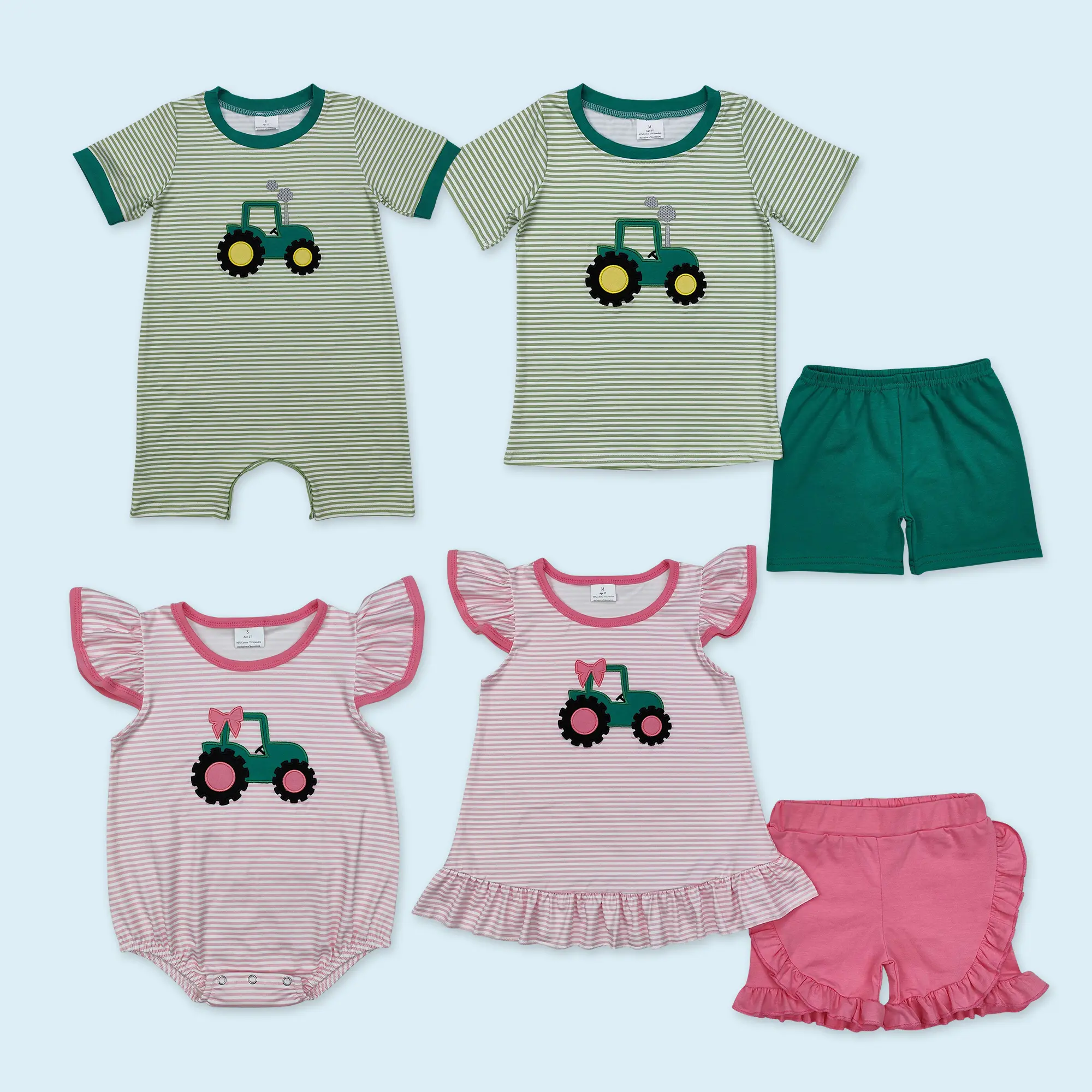 Embroidery farm tractor kids girls summer outfit Embroidery farm tractor kids girls summer outfit