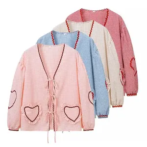Women Fashion Plaid Heart Appliques Lace Up Blouse Vintage V-Neck Long Sleeves Female Chic Lady Shirts