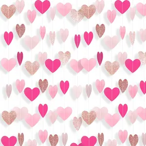 Hot- Rose- Heart Garland Girl Birthday Decorations Heart Paper Streamers Banner for Bachelorette Wedding Engagement Valentines Galentines Mothers Day Party Supplies 52