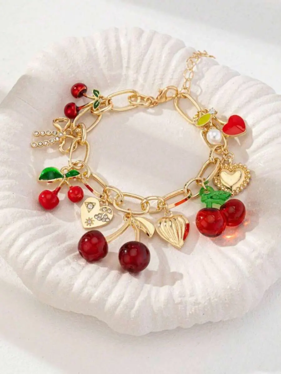 Cute Mori-Style Personalized Fruit Cherry Heart Pendant Bracelet, Multicolor Fashion Jewelry for Women - Note: No Choking Hazard Balloon Warning Applies