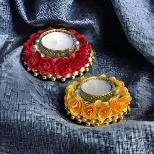 Exquisite Red Rose Tealight Candle Holder | Metal & Rhinestone | Ideal for Diwali, Christmas & Weddings | Sacred Ambiance | Perfect Gift