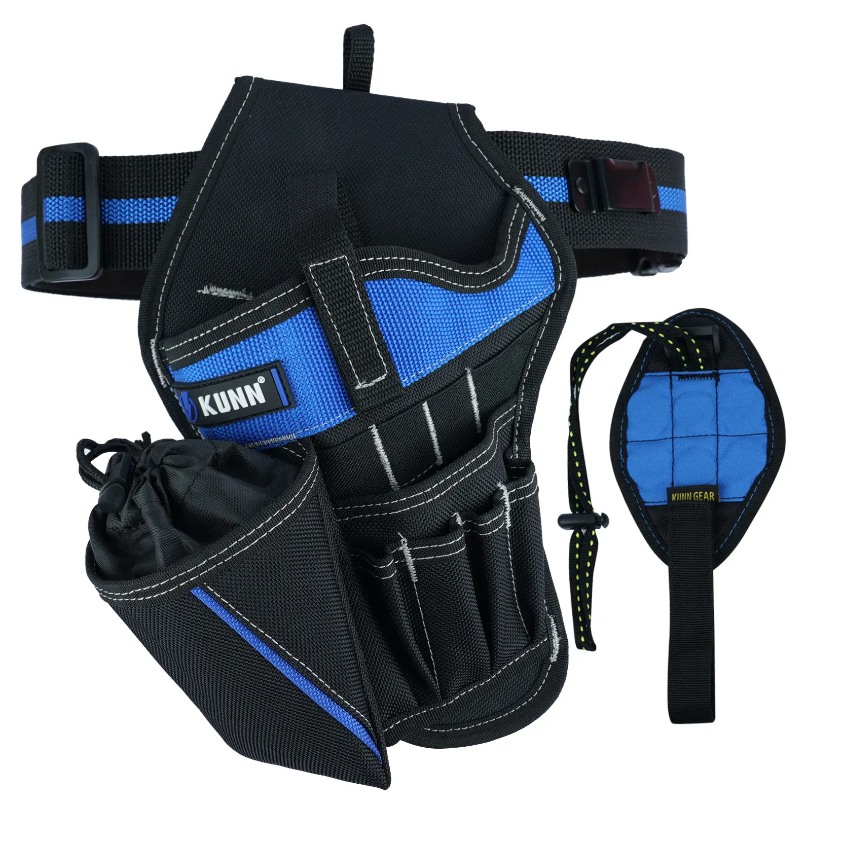 KUNN 3-in-1 Left-handed Drill Holster Set with Tool Belt and Magnetic Wristband, Cordless Drill Holster, Impact Driver Holster with Bit Pouch,Drill Holder for Tool Belt, Black and Blue