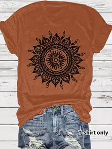 Women's Mandala Print Round Neck Tee, Vintage Trendy Casual Fitted Short Sleeve T-shirt for Daily Wear, Ladies Summer, Top, Womenswear