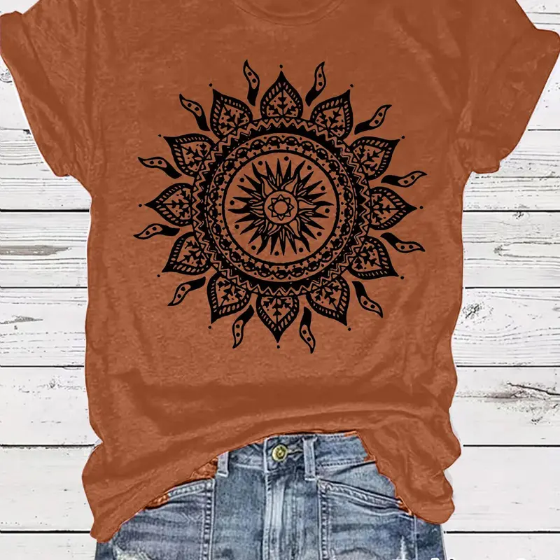 Women's Mandala Geometric Print Round Neck Tee, Vintage Trendy Casual Printed Fitted Short Sleeve T-shirt for Daily Wear, Ladies Summer, Top, Womenswear, Rust Brown