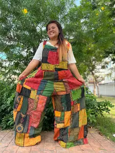 Beautiful Casual Patchwork Overall for Plus Size Women Hippie Plus Size Jumpsuit Baggie Wide-Leg Overall w/2 Side Pockets