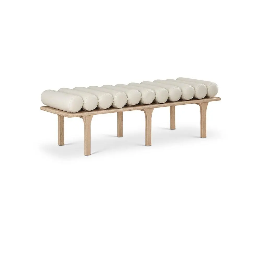 Landon Cream Vegan Leather Indoor Bench, Art Deco Style, Natural Finish Furniture Stool