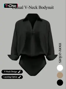 Women's casual loose V-neck long-sleeved shirt jumpsuit, Womenswear, elegant woven fabric, slim fit, suitable for all seasons, and can be layered flexibly, Bodysuit