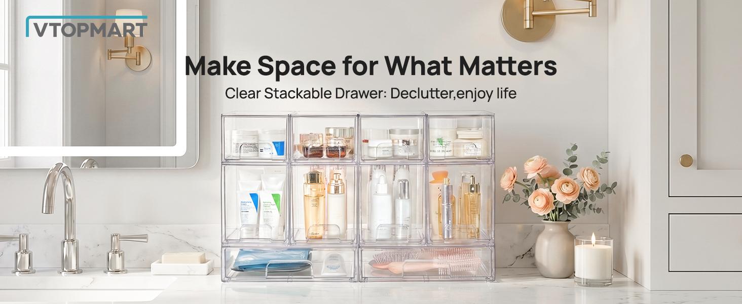 【Bottles Station】Vtopmart Stackable Nursery Set of 5/8 Clear Plastic Organizer Bins for Makeup Beauty Supplies Vanity Bathroom Cabinet Pantry, Multi-Size Flexible Design BPA-Free Safe Water&Dust Proof,dorm essentials,home decor