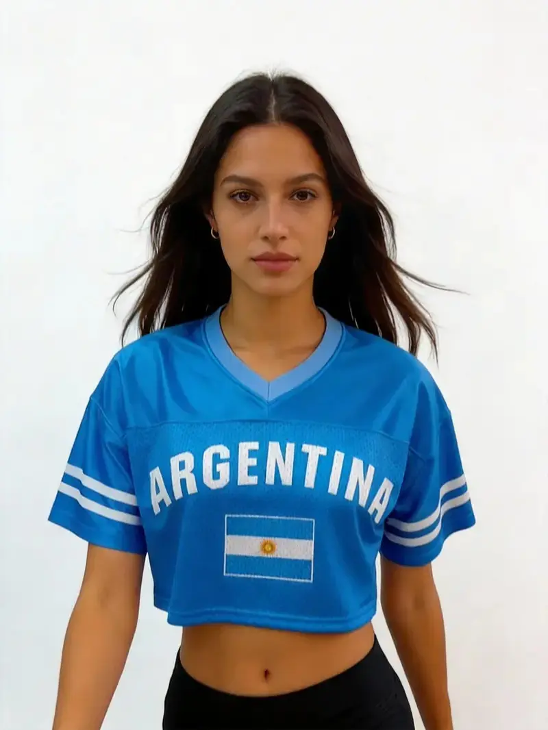 Women's Argentina Cropped Football Jersey Blue V-Neck Mesh Fan Top