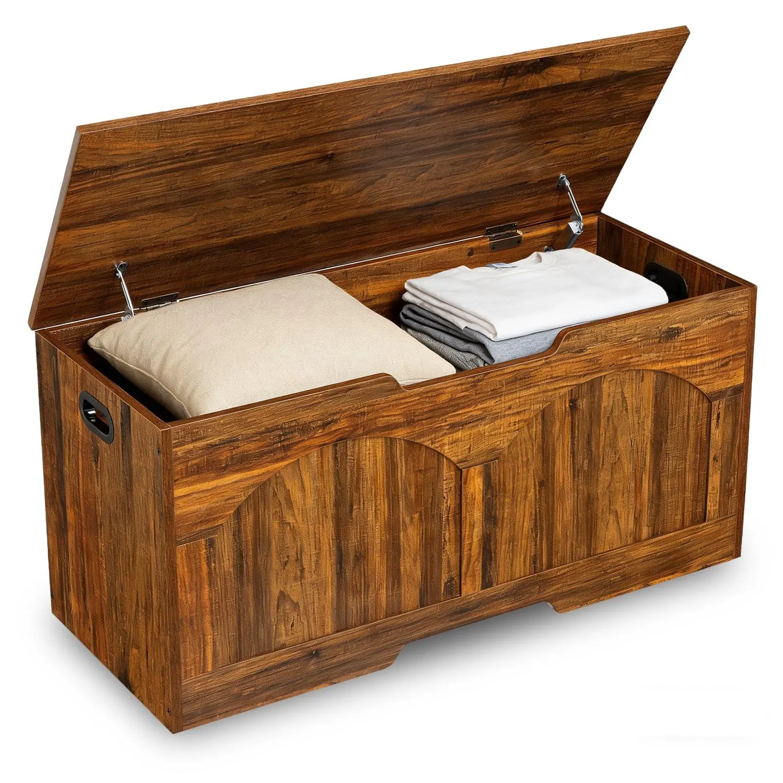 Brown Retro Wooden Storage Bench - 39.3in Storage Chest with U-Shaped Cut-Out Pull, Safety Hinge, 300lb Capacity, Easy Assembly for Toy Organization (Outdoor Furniture)