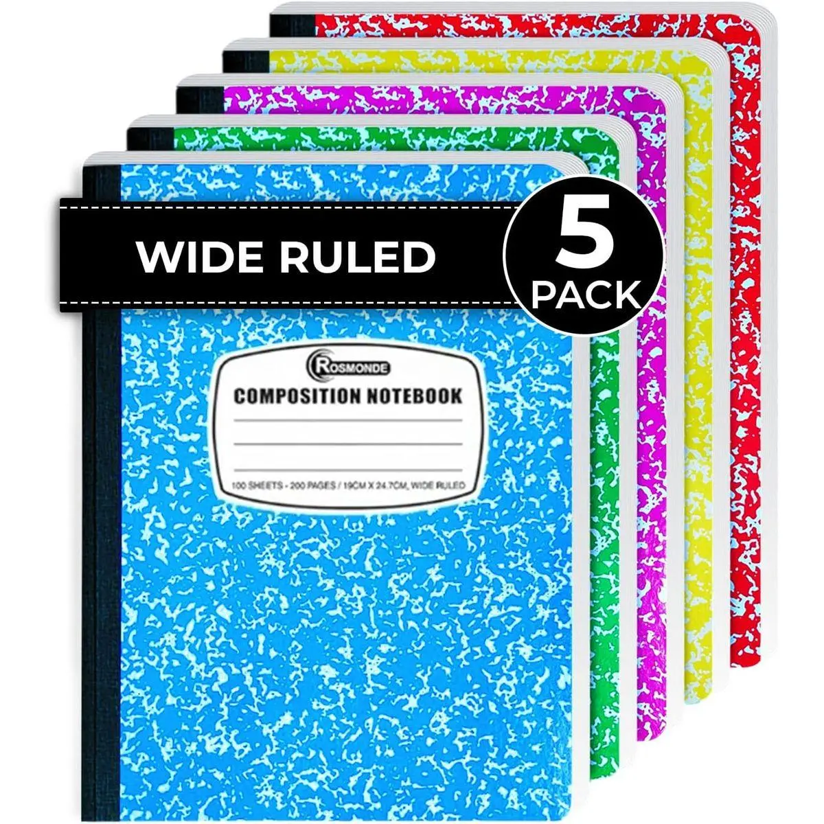 5 Pack Composition Notebooks Wide Ruled, Color Marble Notebooks | Hard Cover Composition Books, 200 Pages (100 Sheets), 9-3/4" x 7-1/2", No Bleed Pages, Hard Cover, Back to School Supplies