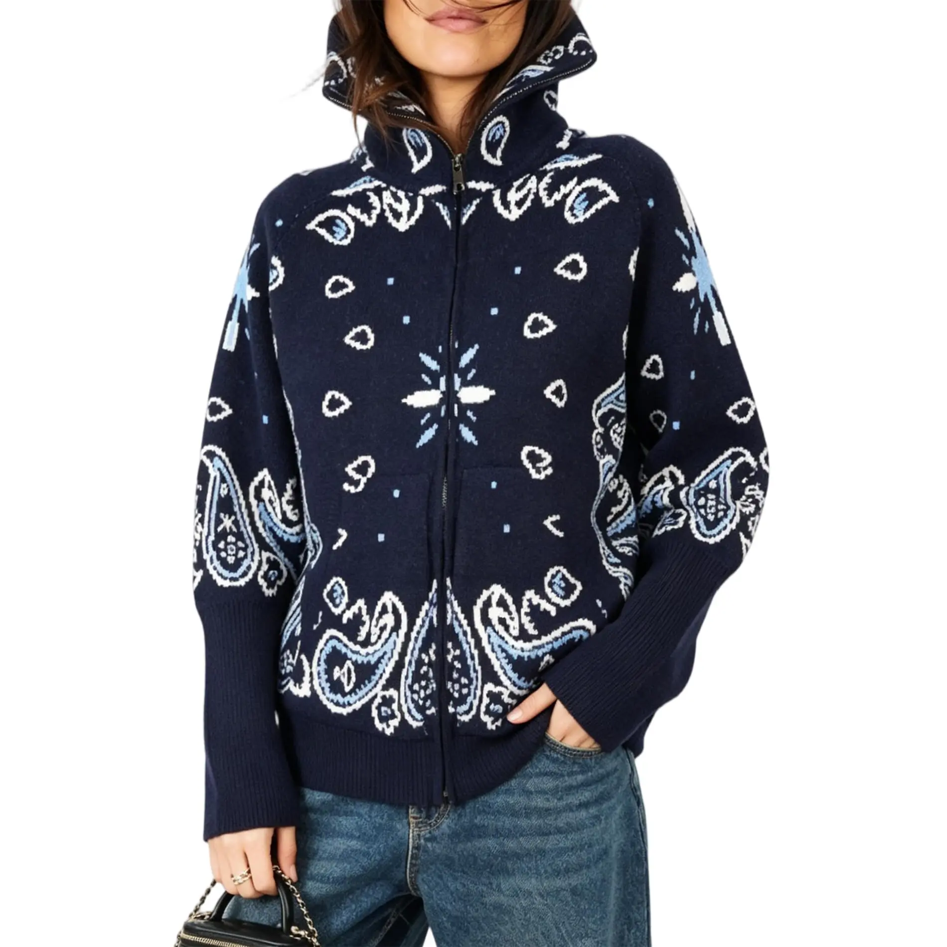 Hixiaohe Womens Zip Up Cardigan Casual Printed Mock Neck Knit Sweater Trendy Cool‑Style Fall Knit Outerwear