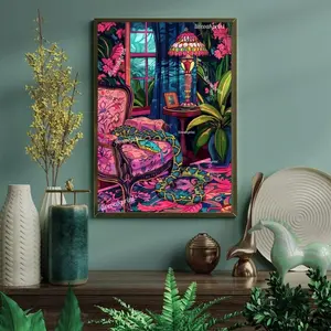 Reptile Relaxation - Snake In A Living Room - Maximalist Snake Print - Snake Wall Art - Jungle Wall Decor - Maximalist Living Room Poster Ornaments