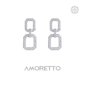 AMORETTO 18K Gold-Plated Brass Geometric Dual Link Drop Earrings Elegant Interlocking Square Micro Pave Statement Jewelry for Women
