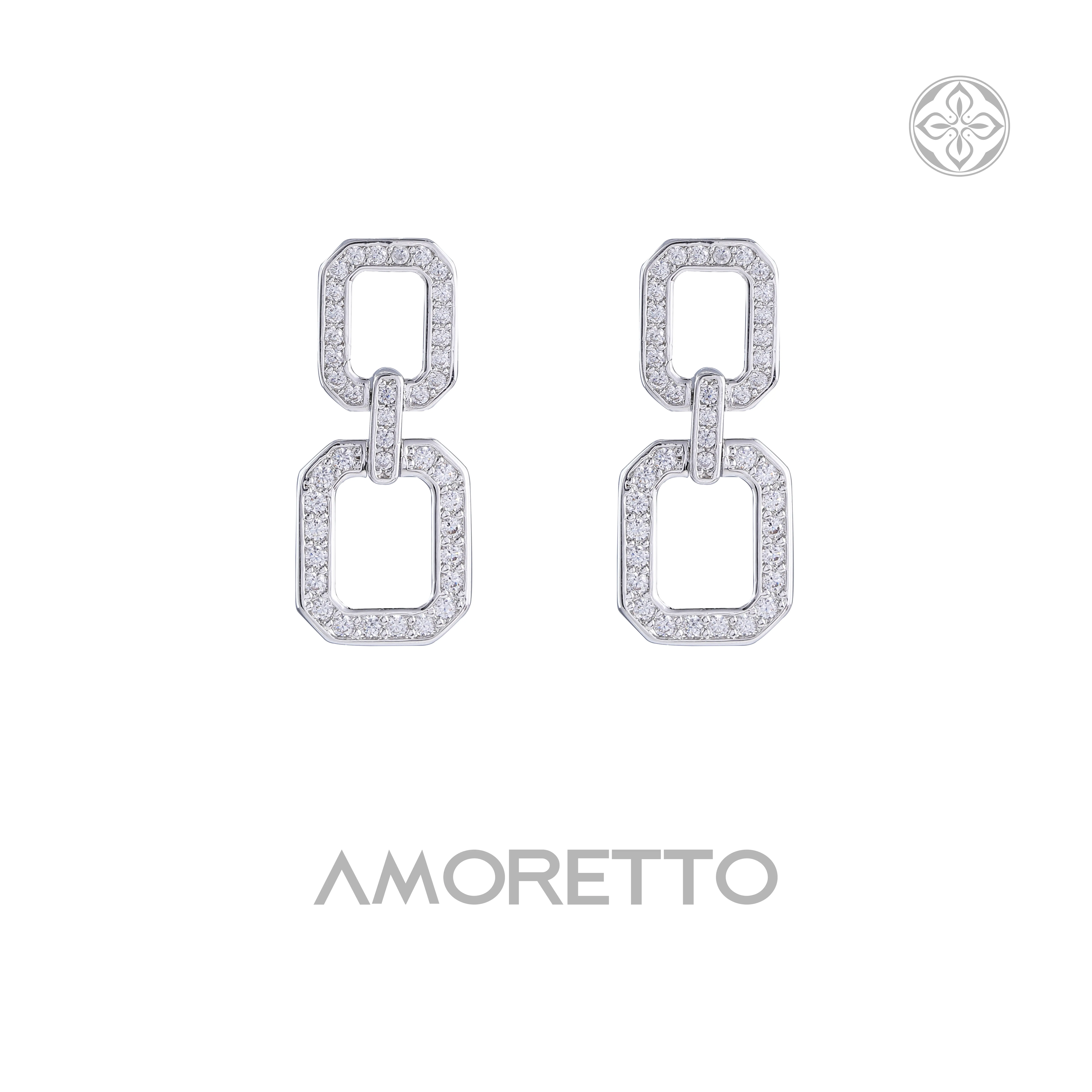 AMORETTO 18K Gold-Plated Brass Geometric Dual Link Drop Earrings Elegant Interlocking Square Micro Pave Statement Jewelry for Women