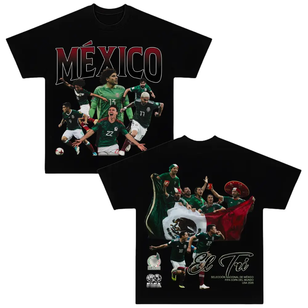 Mexico El Tri 2026 Double Sided Graphic Tee, Vintage Soccer Team Collage T-Shirt, Mexican Fball Fan Merch, Heavyweight Cotton Oversized Streetwear, Retro Game Day Gift Tee, World Soccer Fan Apparel Menswear Top