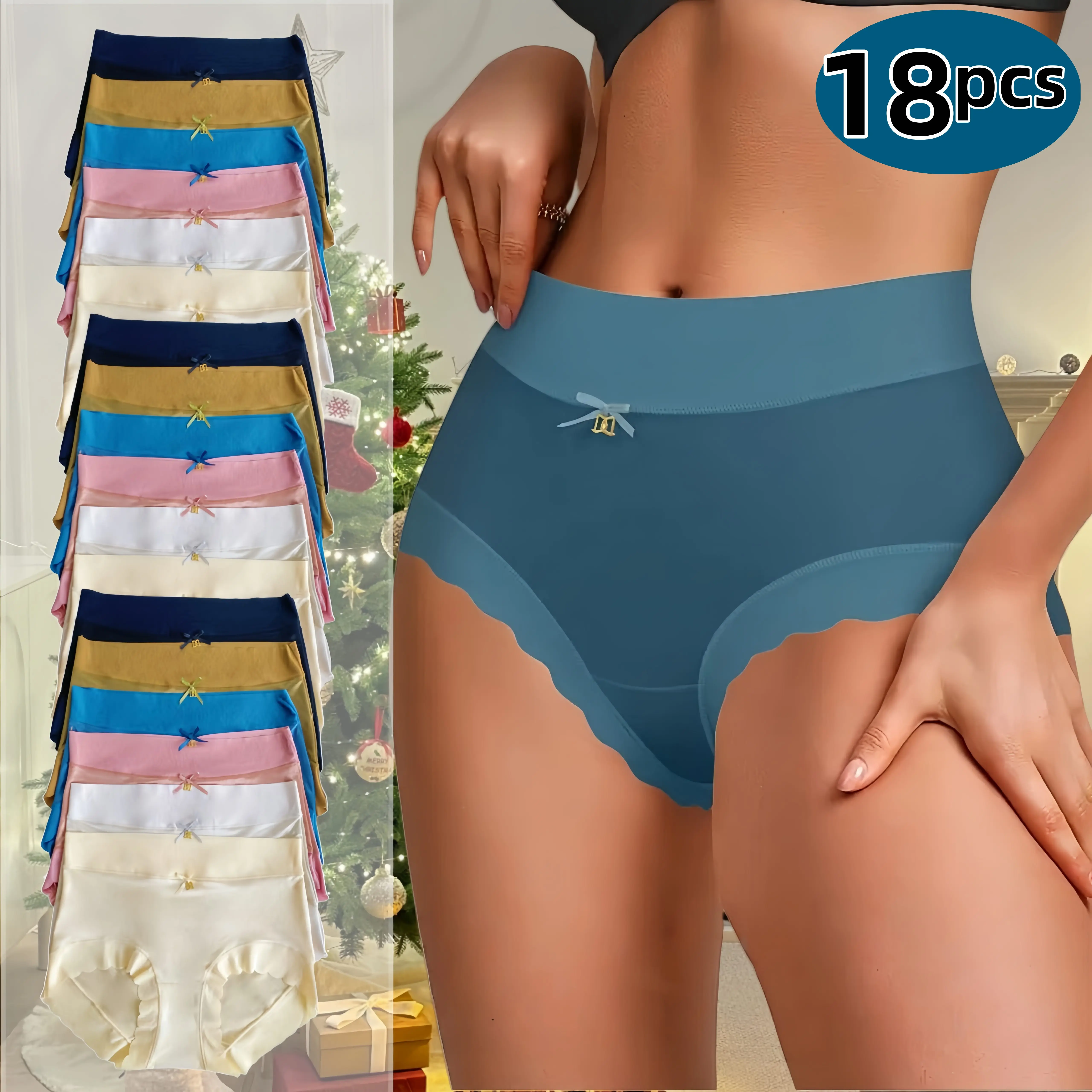 H  18-piece Plus-Size Women's High-Waisted Panties: Fits waist-hip curve for a perfect figure, high elasticity (pressure-free).Bowknots & wavy edges, smooth & warm—ideal for Christmas/birthday gifts,  running.Winter Home Warmth Womenswear Minimalist Basic
