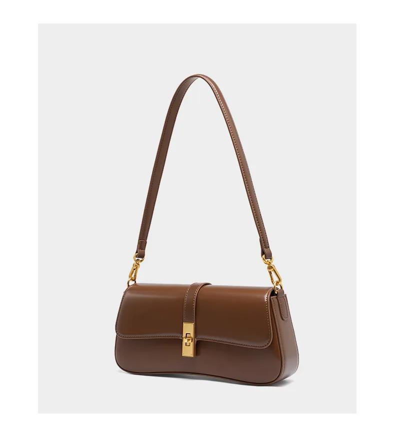 Minimalist Brown Leather Baguette Bag for Women Retro Underarm Shoulder Purse with Gold Lock