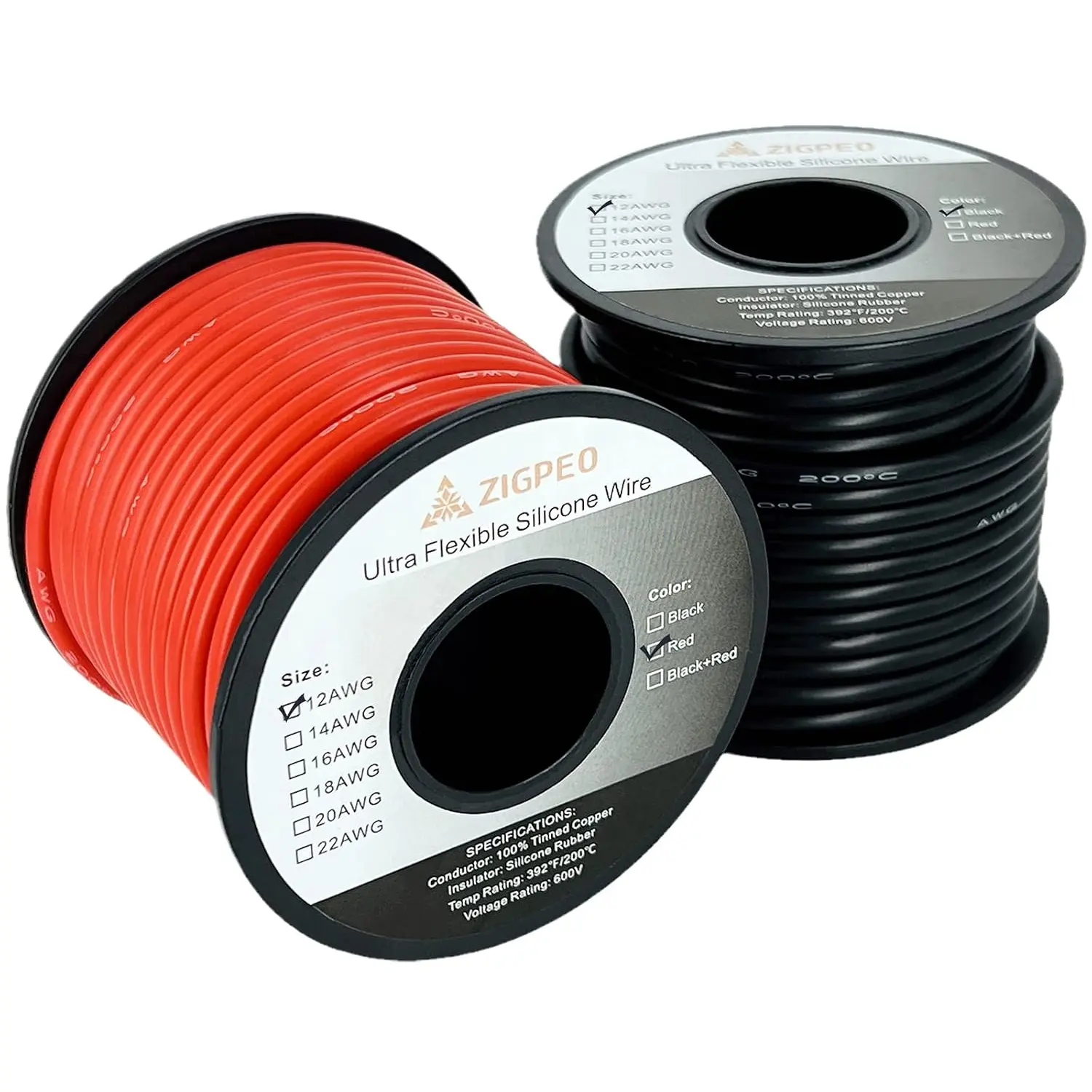12 AWG cone Wire 50FT, Extra Flexible 12 Gauge Stranded Copper Wire, High Temp 392℉ 600V - RC, Automotive, Battery| Tinned Copper Conductor - 25FT Red & 25FT Black Spools