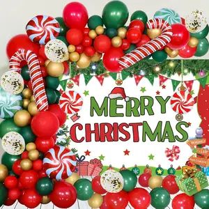 Christmas Party Decorations Set,with Red Green Balloon Garland Arch Kit ,Merry Christmas Backdrop Banner ,Candy Cane Foil Balloons for Xmas Party Decorations