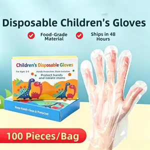 100 pairs Kids Disposable Gloves, Food Grade PE Toddler Gloves, Thickened & Embossed Anti-Slip, BPA Free, for Painting Crafts Cooking Eating Cleaning, Ages 3-12