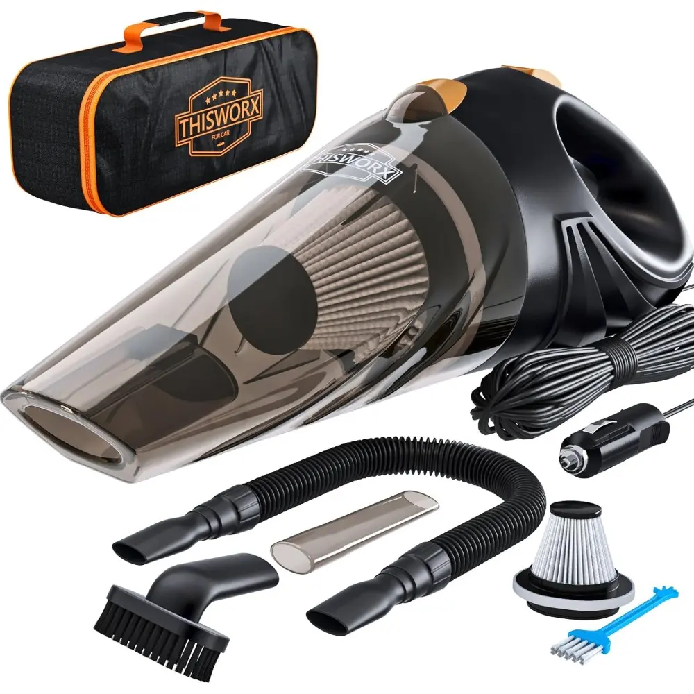 Handheld Portable Car Vacuum Cleaner - 12V 106W Motor, 2.4 lbs, 16 ft Cord, HEPA Filter, Cyclonic Force, Bag, 3 Attachments, Accessories Kit, Button for Interior Detailing - Black