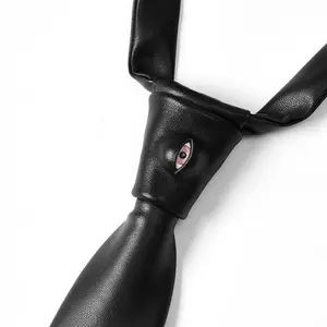 Two-piece set - Gothic Black Leather Necktie with Evil Eye Detail, Pre-tied Zipper Necktie, Unisex Statement Tie for Punk/Alt/Grunge Outfits, Unique Aesthetic Accessory for Daily & Parties