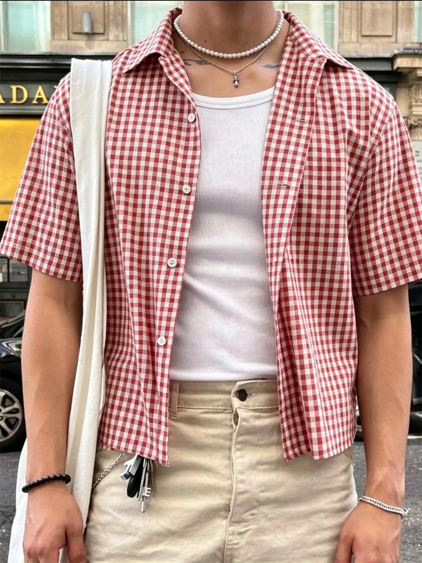 Men's Plaid Gingham Short Sleeve Shirt, Checkered, Y2K Street Retro College Style, Casual Loose Fit, Summer Daily Wear, H-Type Silhouette, Lettuce Trim, Casual Fashion Wear