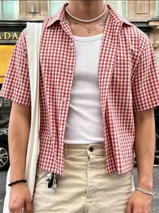 Men's Plaid Gingham Short Sleeve Shirt, Y2K Street Retro College Style, Casual Loose Fit, Summer Daily Wear, H-Type Silhouette, Lettuce Trim